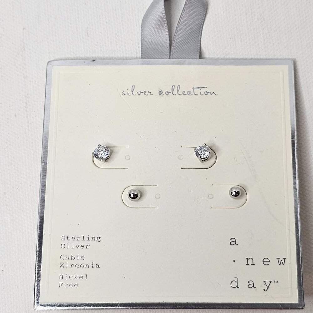 A New Day Sterling Silver Earrings Set of 2 Cubic Zirconia Jewelry (1)
